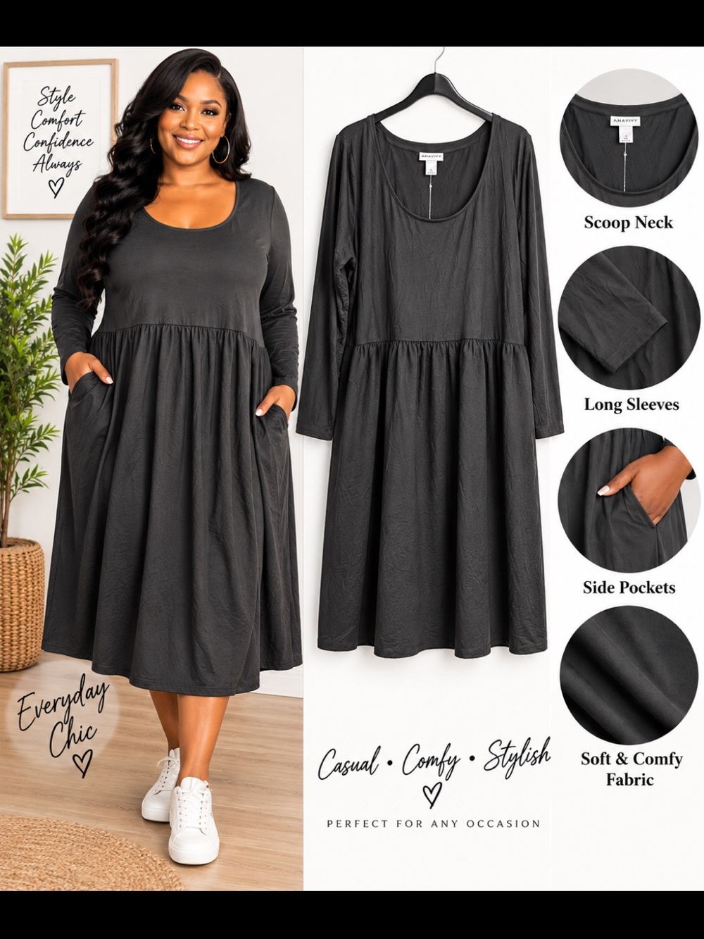 Ava & Viv Black Scoop-Neck Long Sleeve Dress with Pockets